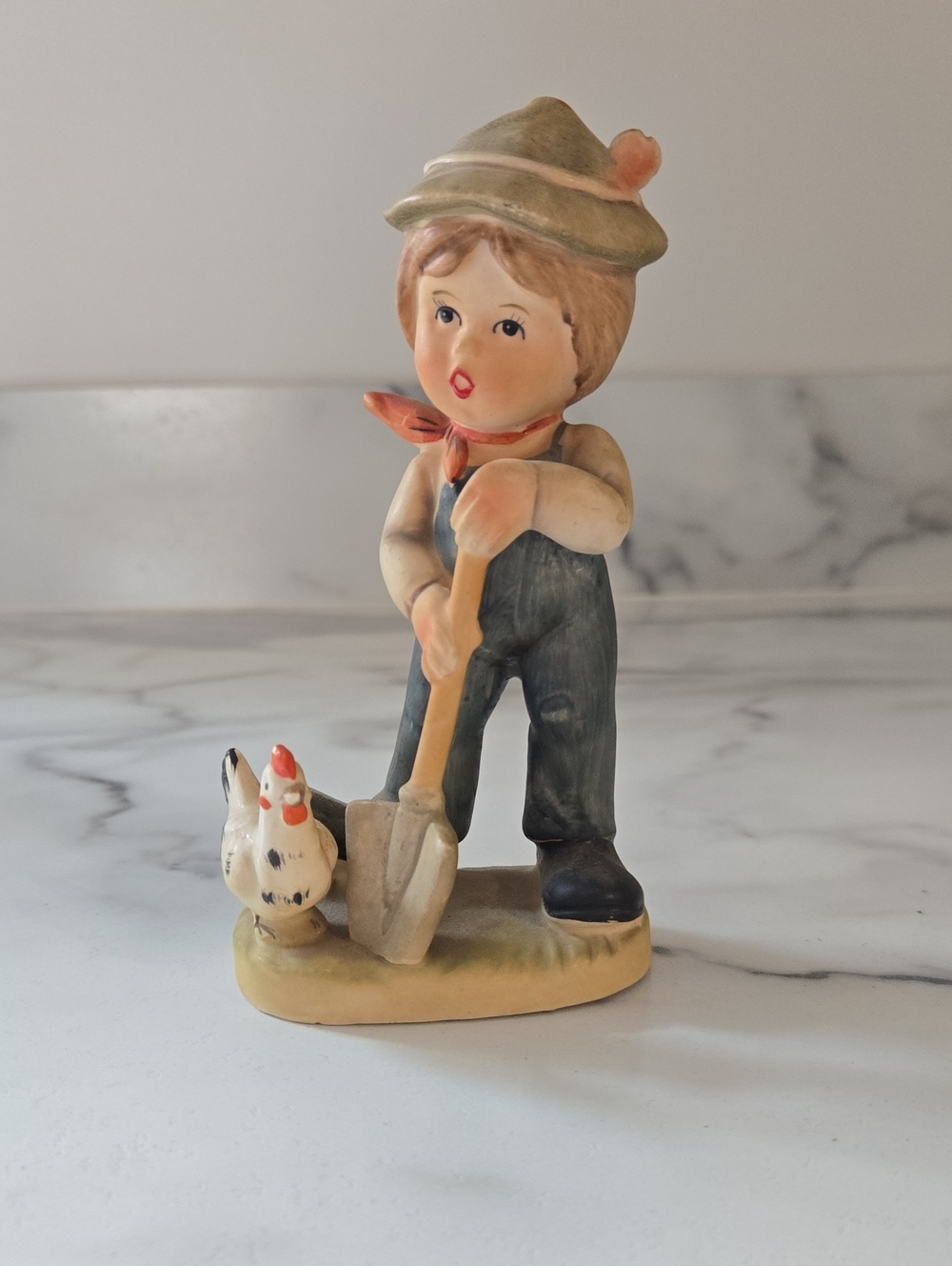 Vintage Brinn's Farm Boy with Shovel & Chicken - Beige, Green, Blue